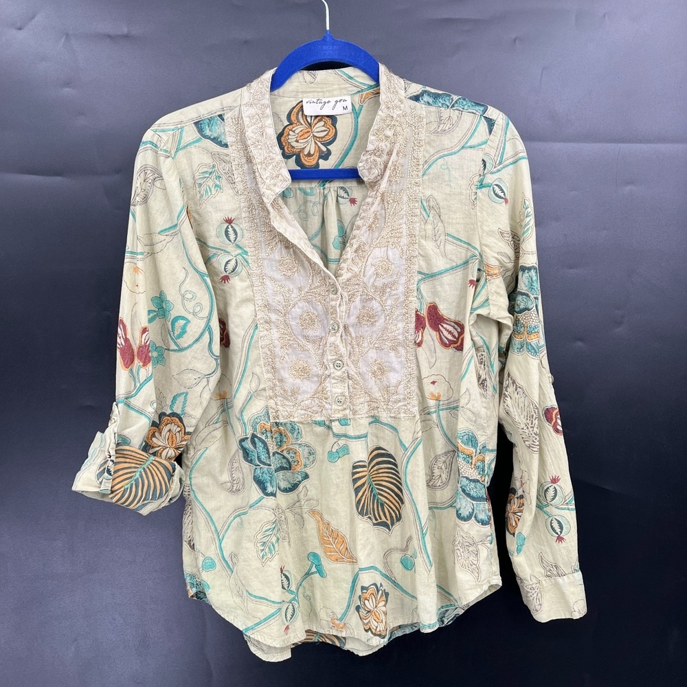 Vintage Goa green popover embroidered floral top boho fairycore hippy M